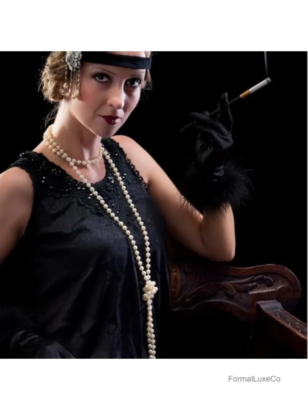 Black Satin Opera Gloves with Feathers for Wedding Banquet 1920s Flapper